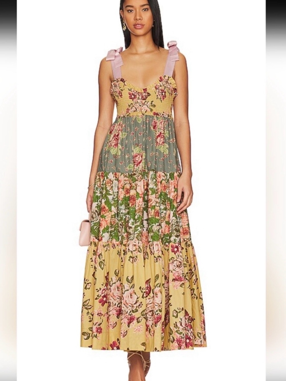Free People Floral Tiered Maxi Dress with Pink Bow Straps - Yellow Green